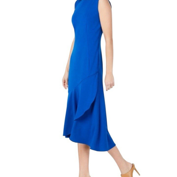 NWT Calvin Klein Midi Sheath Dress Size 4 Royal Blue Ruffle Hem Stretch Cocktail - Picture 9 of 16
